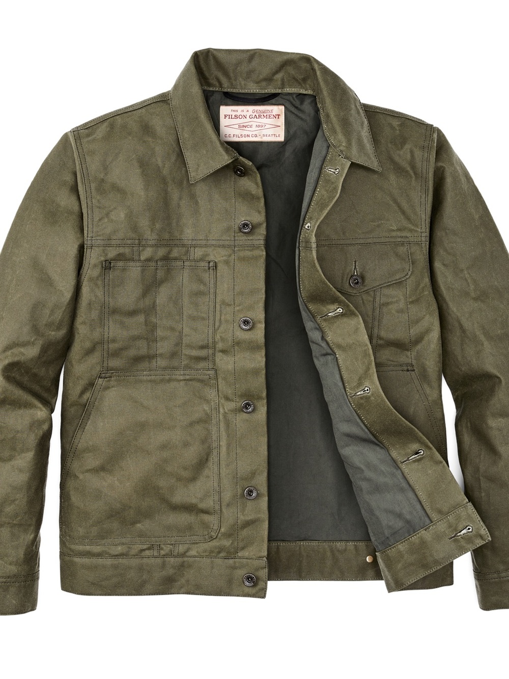 Filson Waxed Canvas Green Tin Cloth Short Lined Cruiser Jacket - Men's